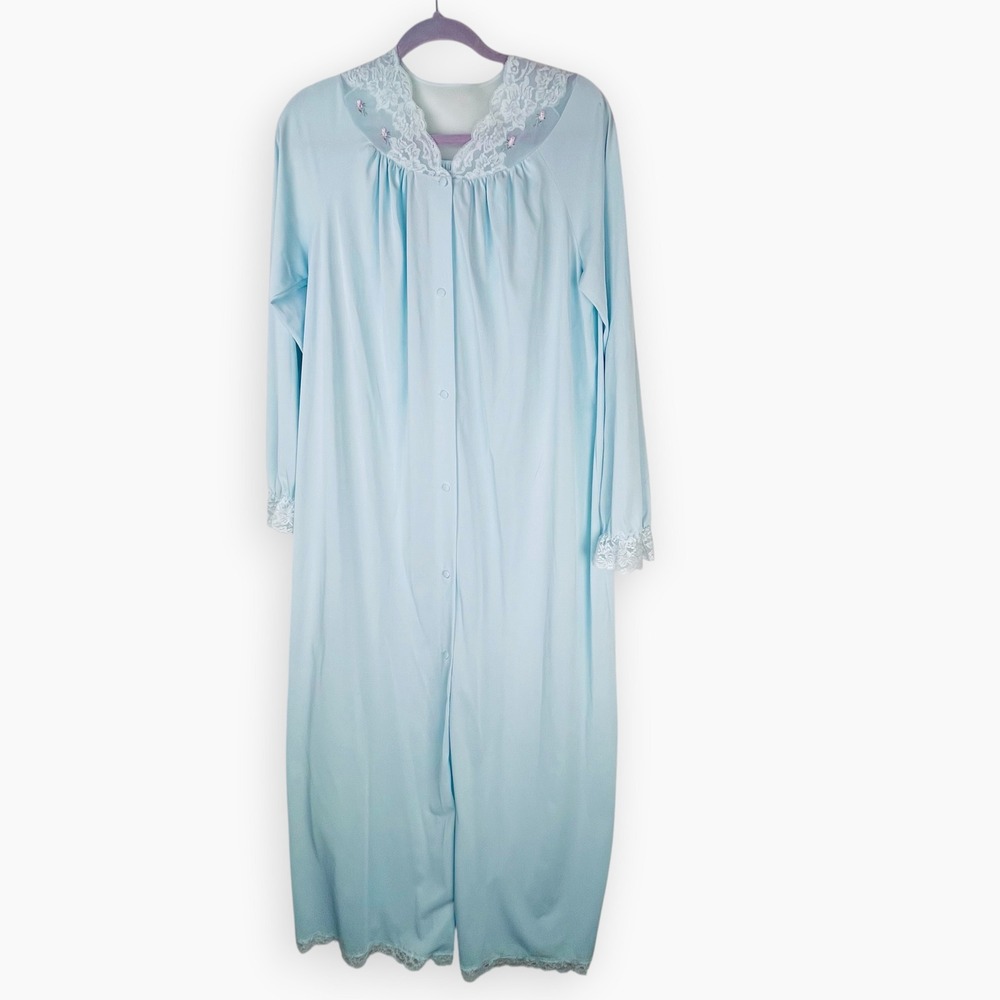 Vintage Shadowline Blue Lace Trim Button Front Long Nightgown Small Made in USA